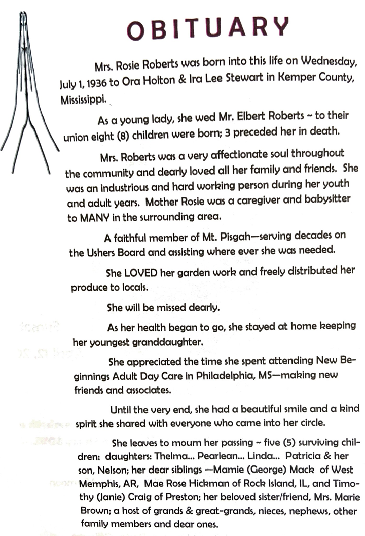 Rosie Roberts Obituary in DeKalb at New Haven Memorial Funeral Home