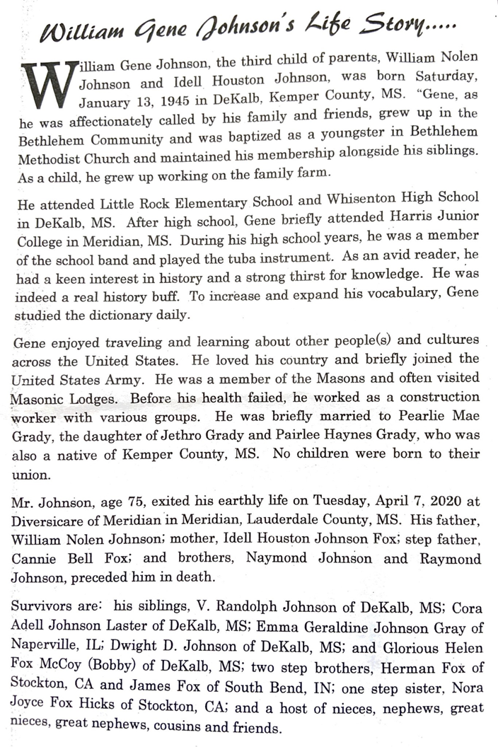 William Johnson Obituary in DeKalb at New Haven Memorial Funeral Home